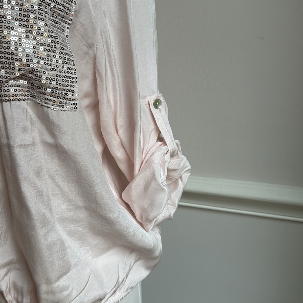 Made In Italy Sequins Pocket Rayon Blousey Top Pink OS EUC - Picture 3 of 8